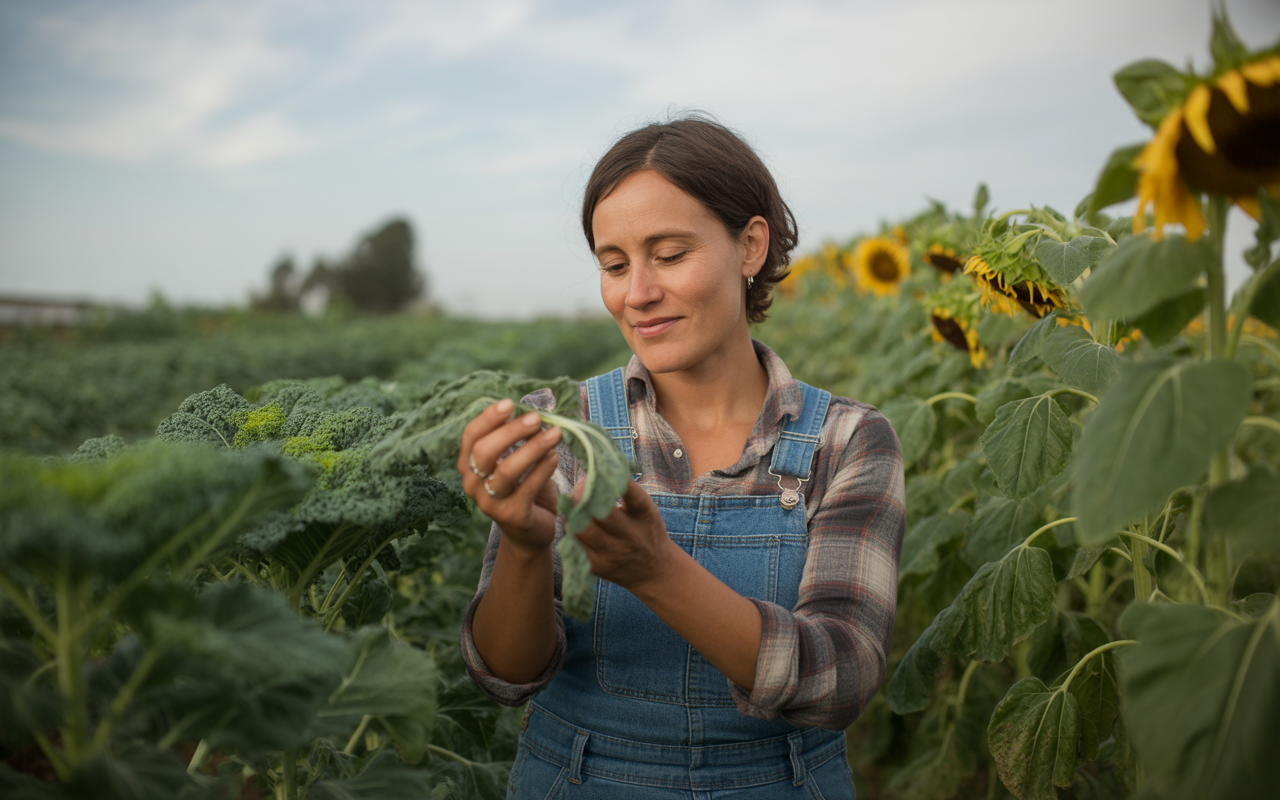 Femme souriante, portant une salopette, inspectant des feuilles de légumes au milieu d'un champ de tournesols et de légumes.