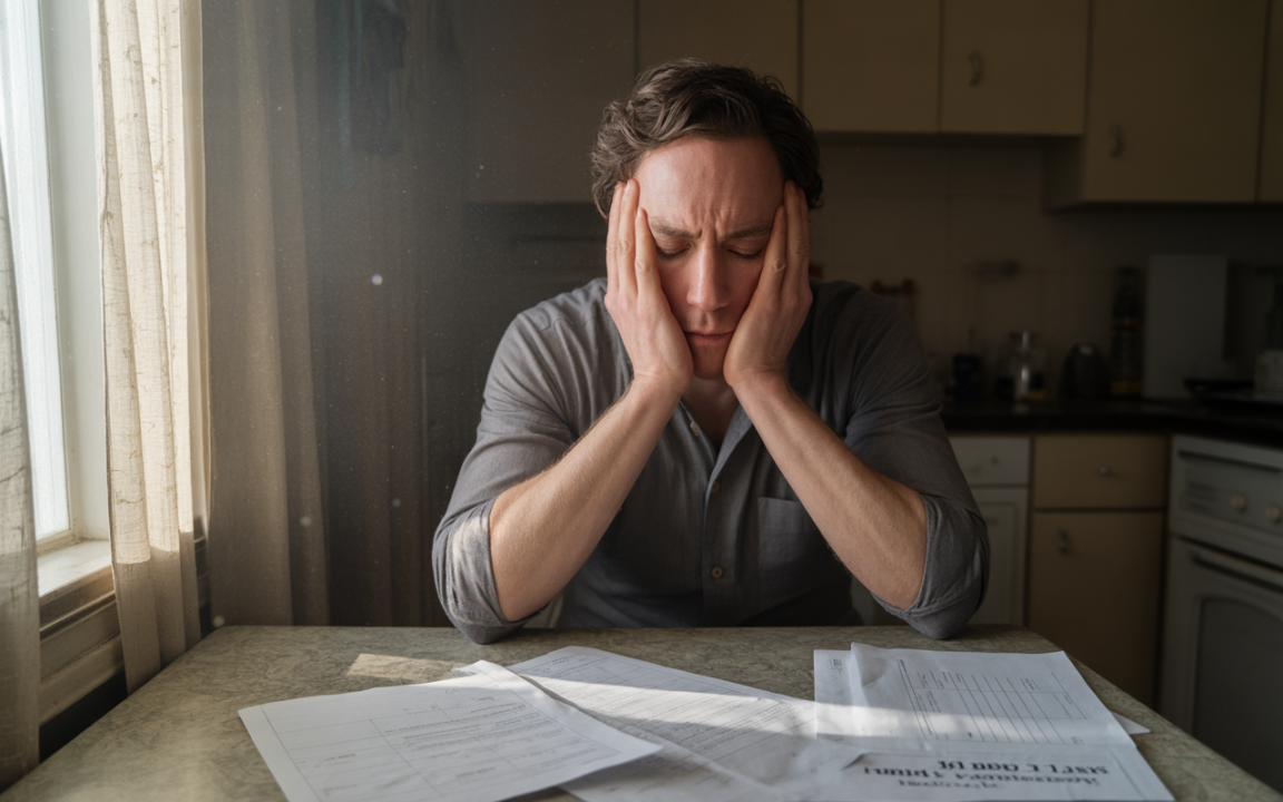 Homme stressé tenant sa tête entre ses mains, assis à une table avec des documents éparpillés dans une cuisine lumineuse.