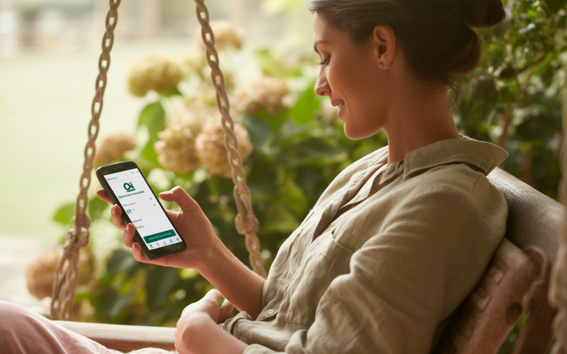 Femme assise sur un fauteuil suspendu, regardant son téléphone mobile, entourée de plantes et de fleurs. Lumière douce et naturelle.