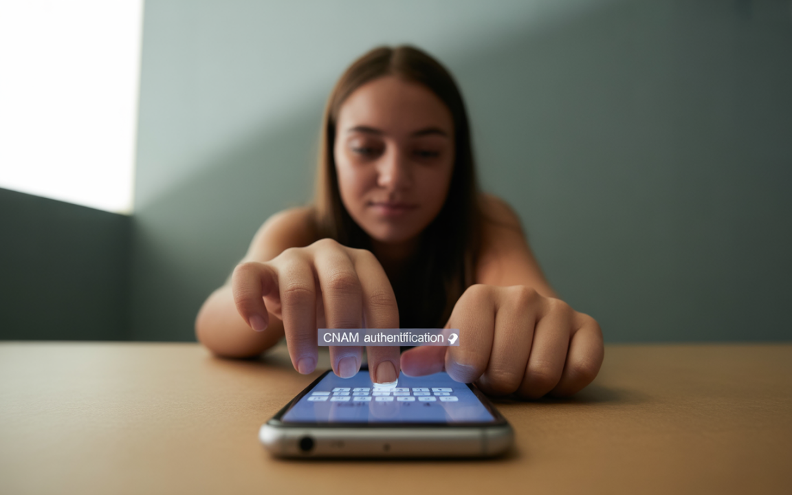 Une personne utilise un smartphone sur une table, en effectuant une action d'authentification. L'arrière-plan est flou et minimaliste.