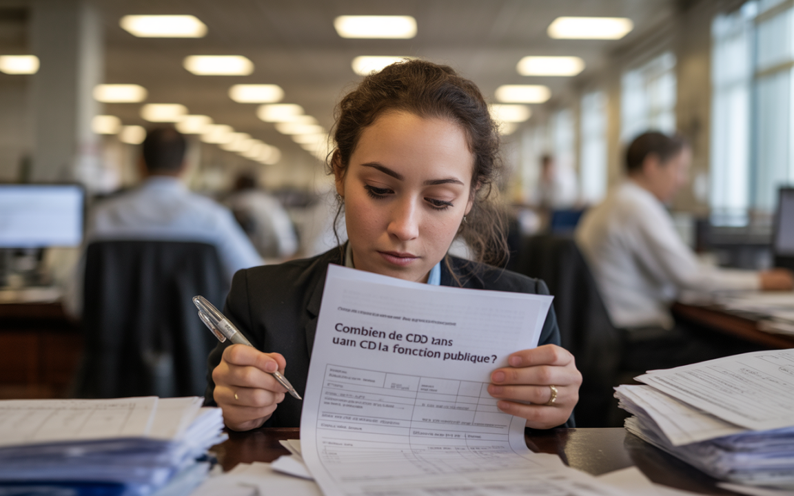 Femme en costume lisant un document dans un bureau, entourée de collègues et de piles de paperasse. Ambiance de travail concentré.