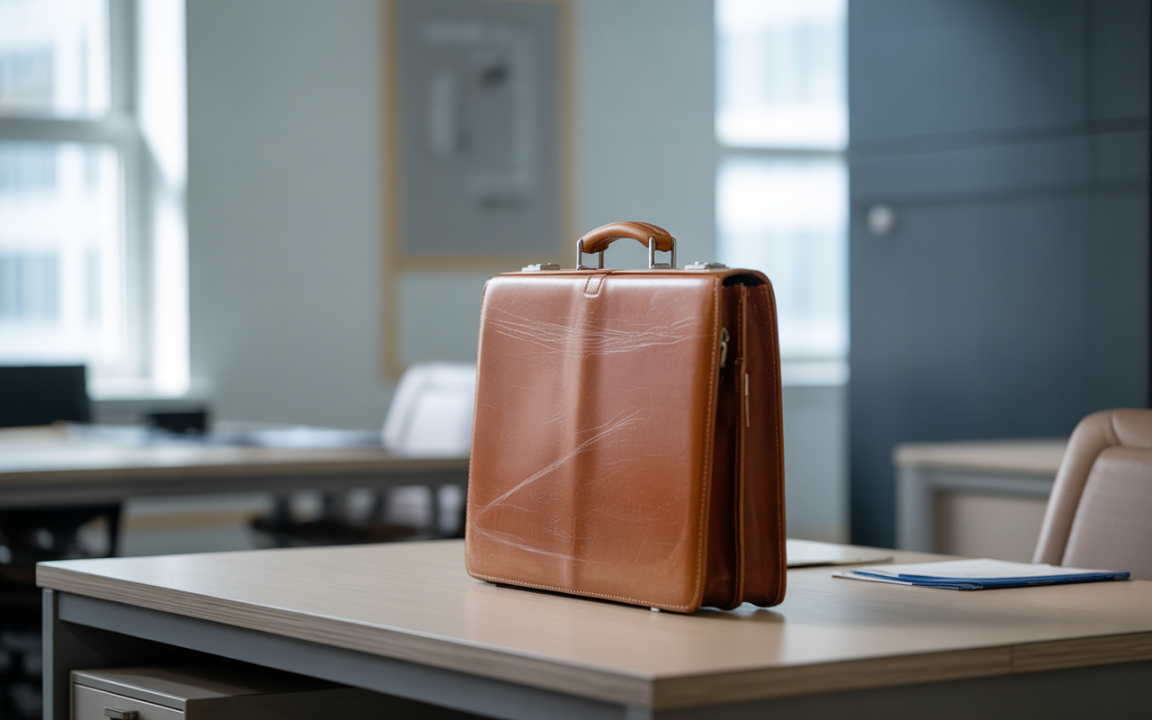 Une mallette en cuir brun est posée sur un bureau moderne, avec des chaises et des fenêtres en arrière-plan.