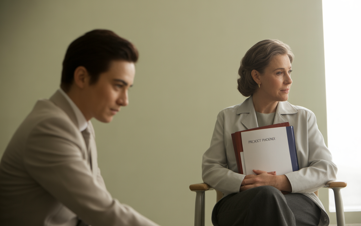 Deux personnes dans un bureau minimaliste, une femme tenant des dossiers marqués "PROJET PHOENIX" et un homme pensif en arrière-plan.