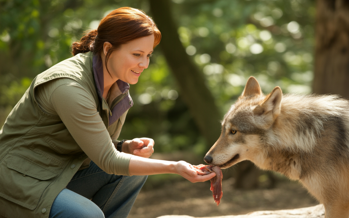 Femme souriante nourrissant un loup dans une forêt, échange interactif entre l'animal et l'humain, ambiance naturelle.