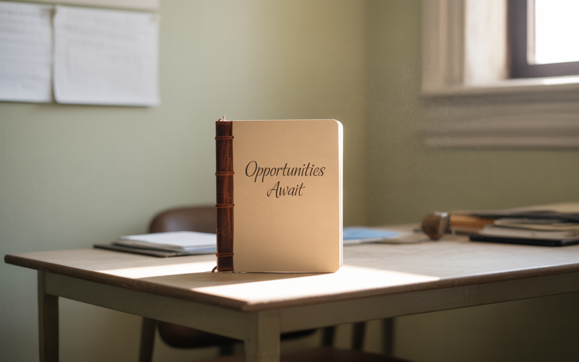 Un carnet ouvert avec "Opportunities Await" sur une table en bois, éclairé par la lumière du soleil, entouré de fournitures.