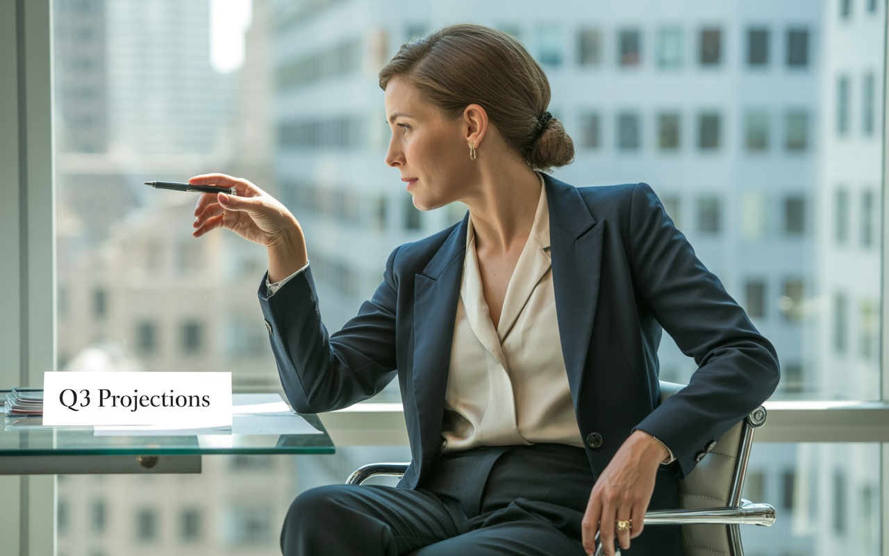 Femme en costume assise à un bureau, tenant un stylo, regardant par la fenêtre, avec une vue urbaine en arrière-plan.