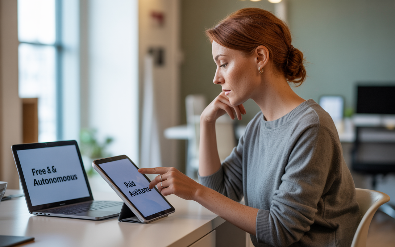 Une femme aux cheveux roux consulte des tablettes sur une table, affichant "Free & Autonomous" et "Paid Assistance".