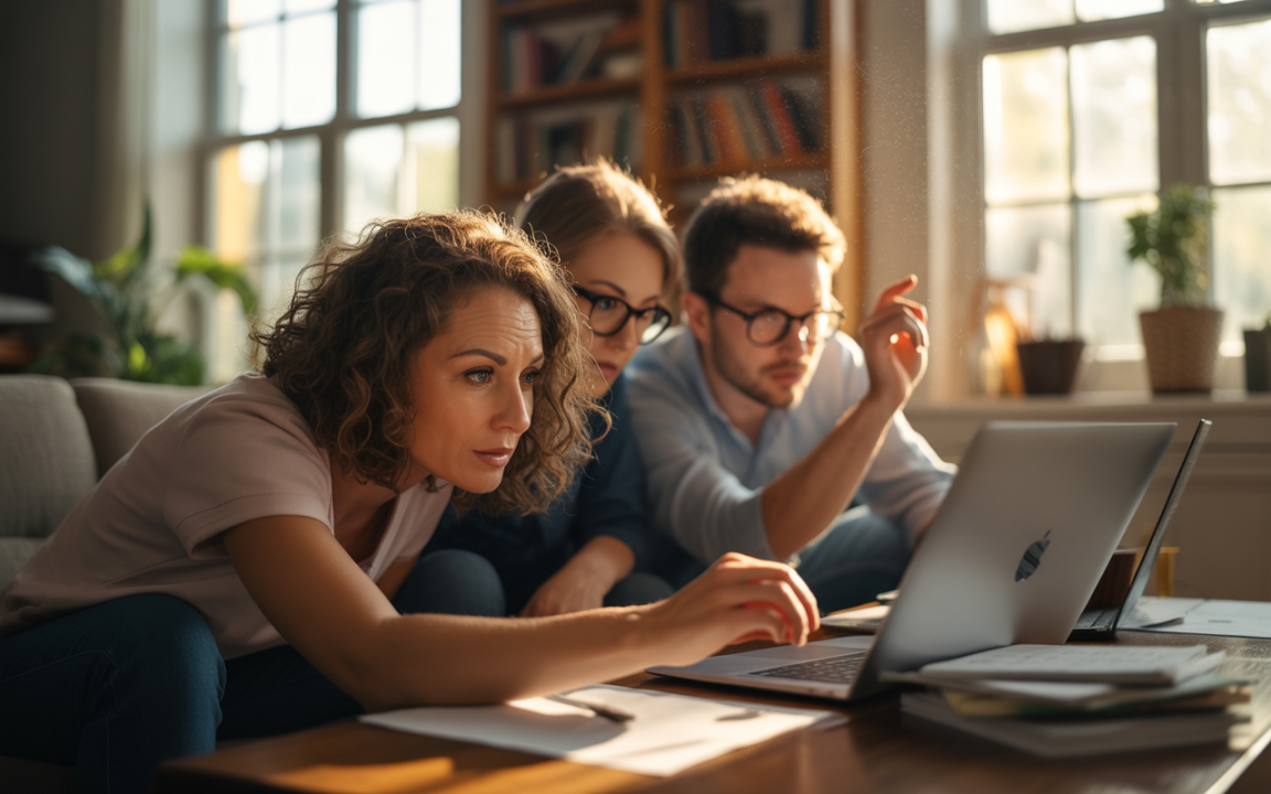 Trois personnes concentrées devant un ordinateur portable, discutant et analysant des documents dans un cadre lumineux et confortable.