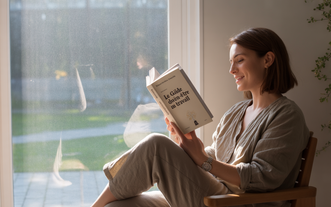 Une femme souriante lit un livre intitulé "Le Guide du bien-être au travail" dans une lumière chaleureuse près d'une fenêtre.