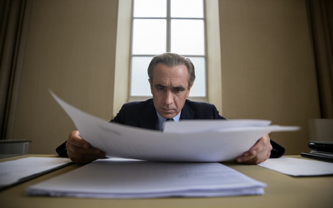 Homme en costume lisant attentivement des documents sur un bureau, lumière naturelle provenant d'une fenêtre à l'arrière.