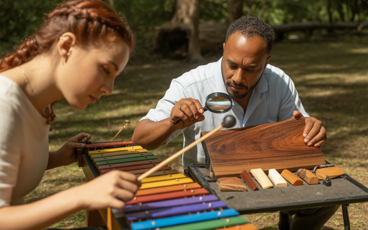 Deux personnes jouent des instruments musicaux en plein air, examinant attentivement des éléments, entourées de verdure.