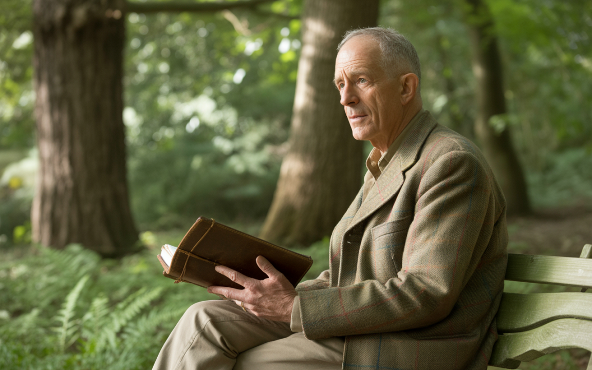 Homme âgé assis sur un banc dans un parc, tenant un livre, entouré de verdure et d'arbres. Éclairage naturel doux.