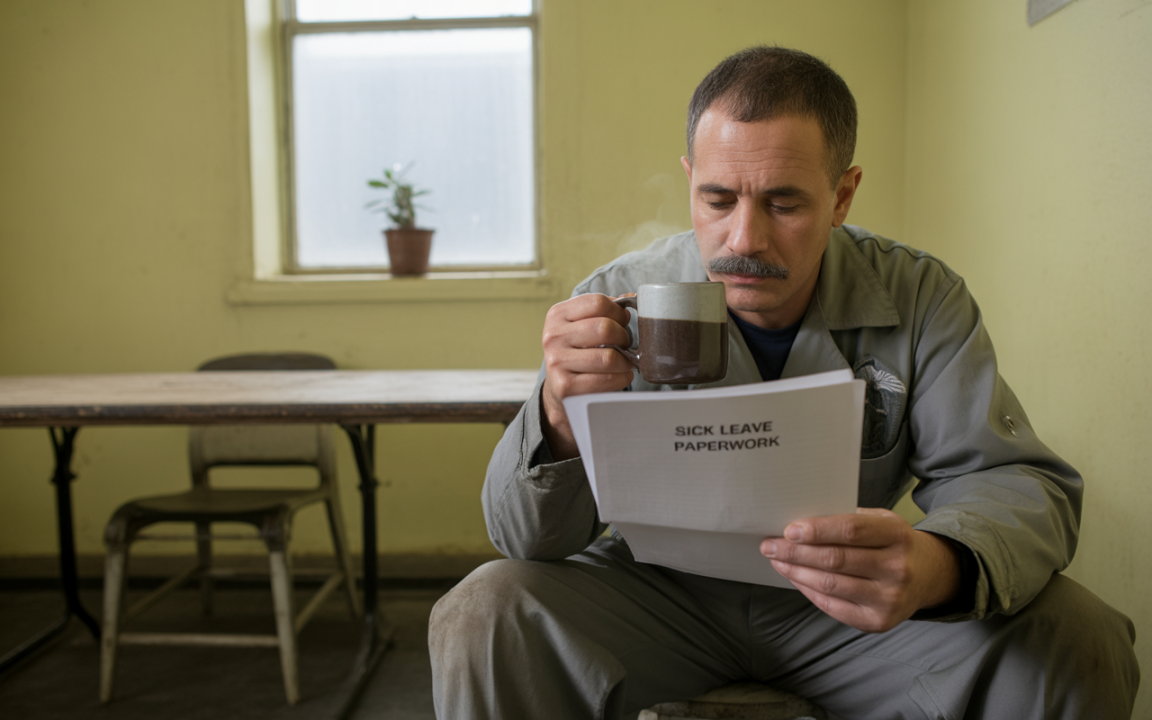 Un homme en combinaison grise lit des documents sur des congés maladie tout en dégustant une tasse de café dans une pièce minimaliste.