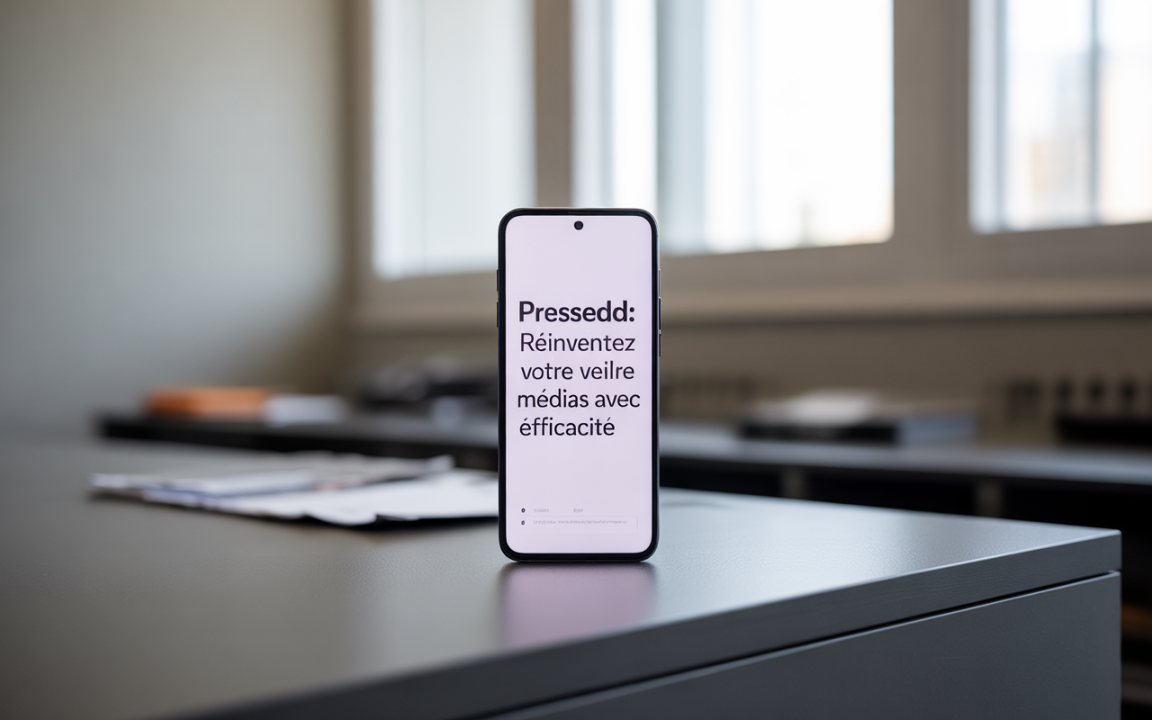 Un smartphone sur un bureau, affichant "Pressedd: Réinventez votre veille médias avec efficacité" sur son écran. Arrière-plan flou de fenêtres et documents.