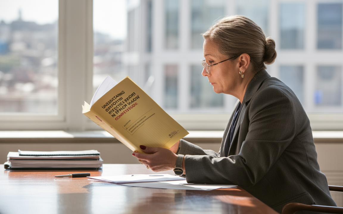 Une femme portant des lunettes lit un document au bureau, éclairée par la lumière naturelle des fenêtres. Des dossiers sont présents sur la table.