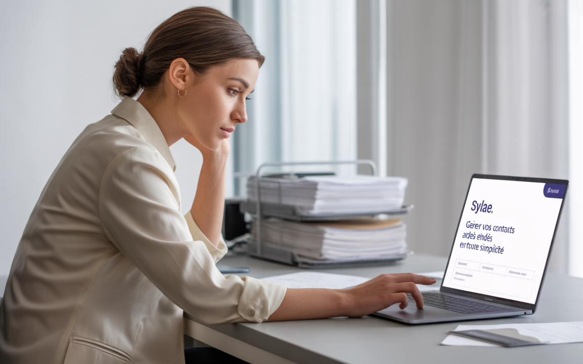 Femme concentrée devant un ordinateur portable affichant le site "SylAE" dans un bureau moderne, entourée de dossiers.