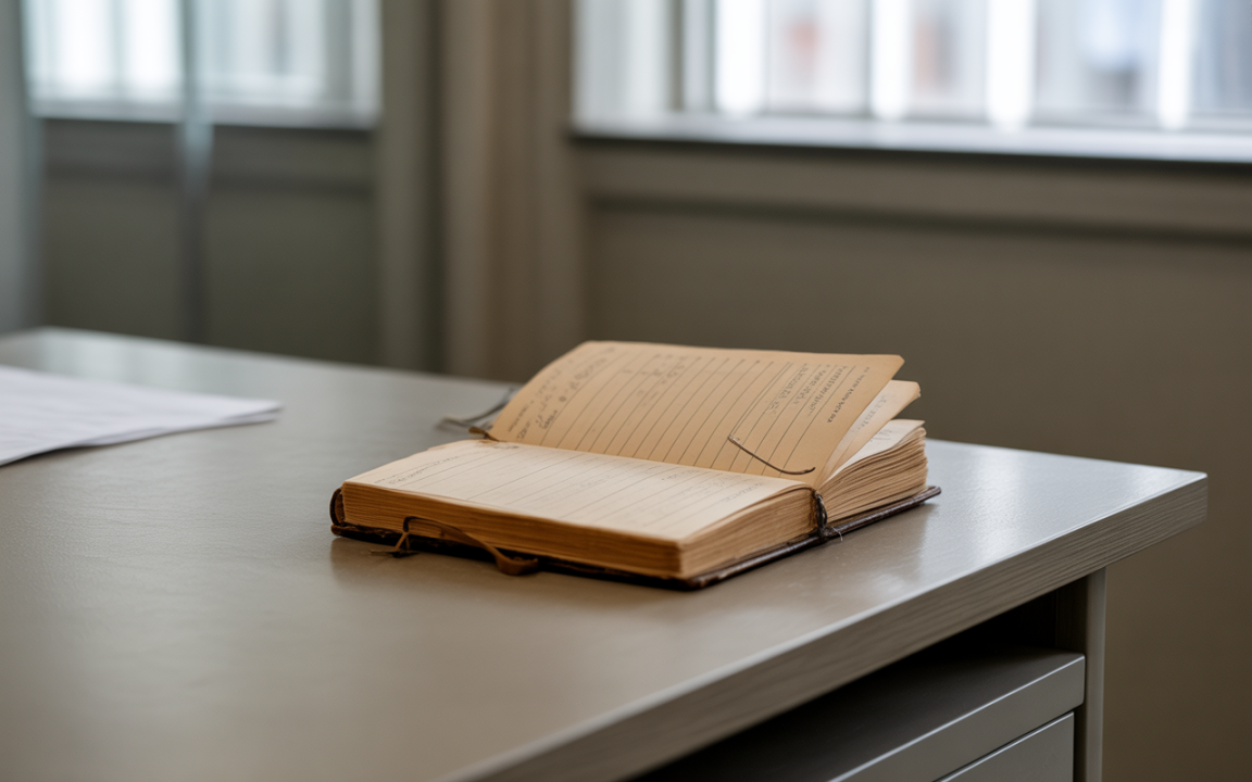 Un carnet ouvert posé sur un bureau, avec des pages jaunies et des notes manuscrites visibles, dans un environnement lumineux.