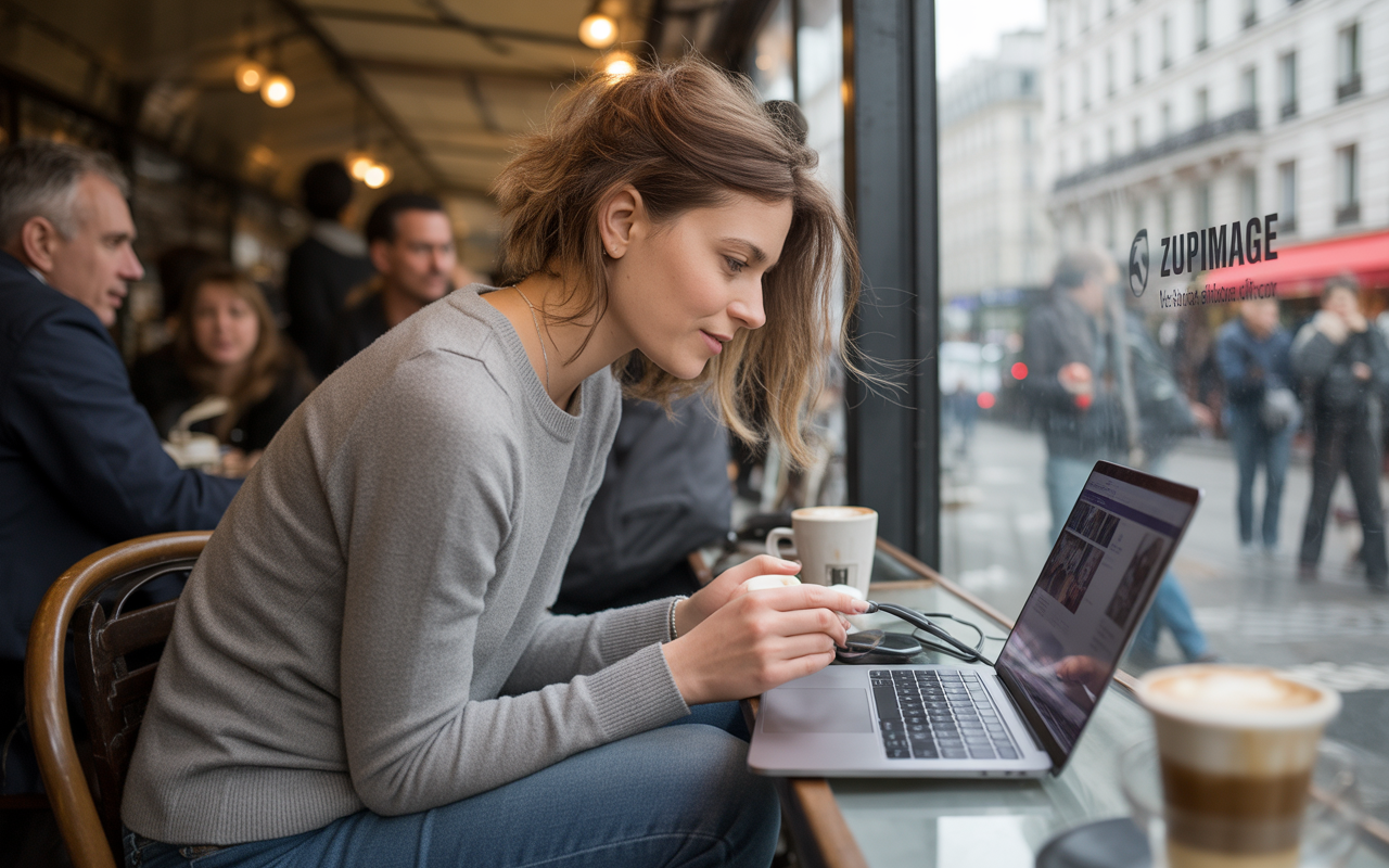 Une femme se concentre sur son ordinateur portable dans un café, avec une vue sur la rue animée et d'autres clients en arrière-plan.