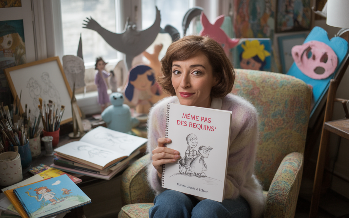 Femme souriante tenant un livre intitulé "Même pas des requins", entourée d'illustrations et d'objets créatifs dans un studio artistique.