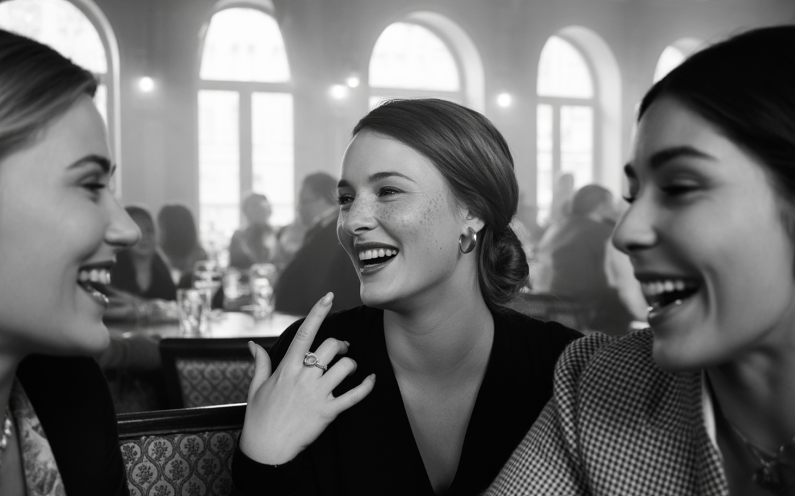 Trois femmes souriantes se parlent dans un café, créant une ambiance joyeuse, avec des tables et des clients en arrière-plan.