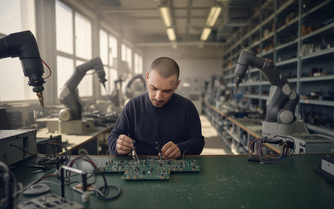 Un homme travaille sur des circuits imprimés dans un atelier, entouré de robots et d'équipements électroniques, avec une lumière naturelle.