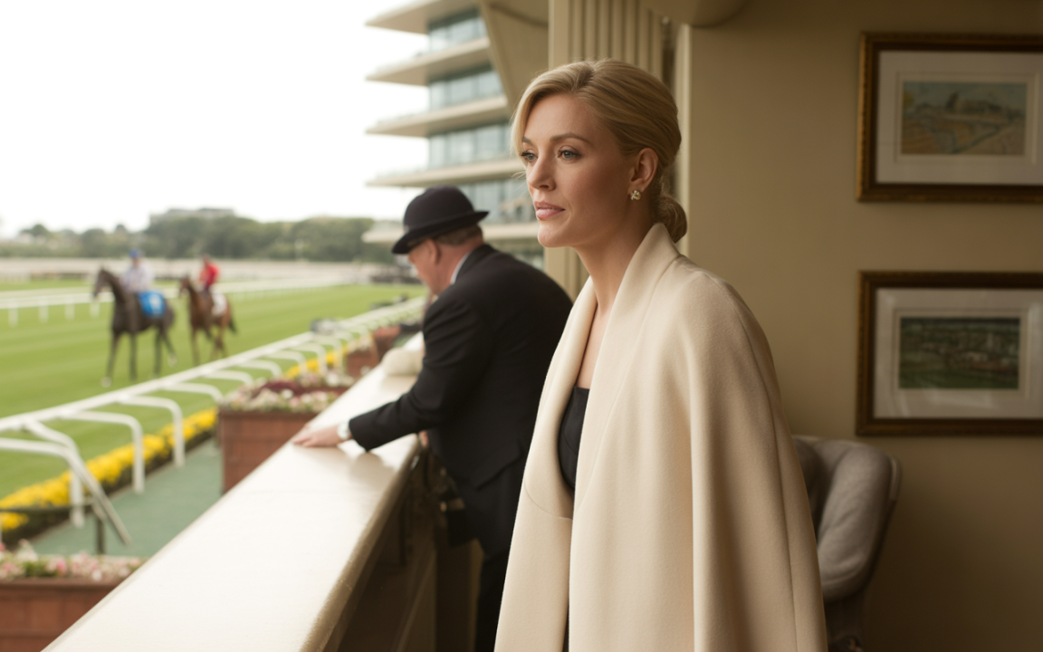 Une femme élégante en manteau clair observe des chevaux à proximité d'un champ de course, tandis qu'un homme en chapeau se tient à l'arrière.