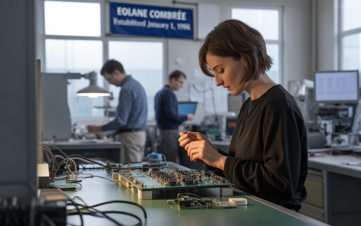 Une femme examine un circuit imprimé dans un laboratoire, tandis que d'autres personnes travaillent à des stations à proximité.
