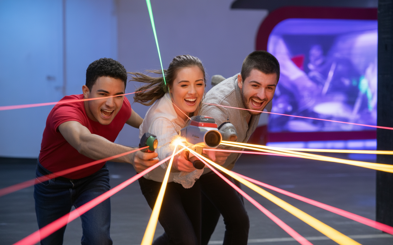 Trois personnes s'amusent en jouant à un jeu de laser, tirant des faisceaux colorés avec des pistolets laser.