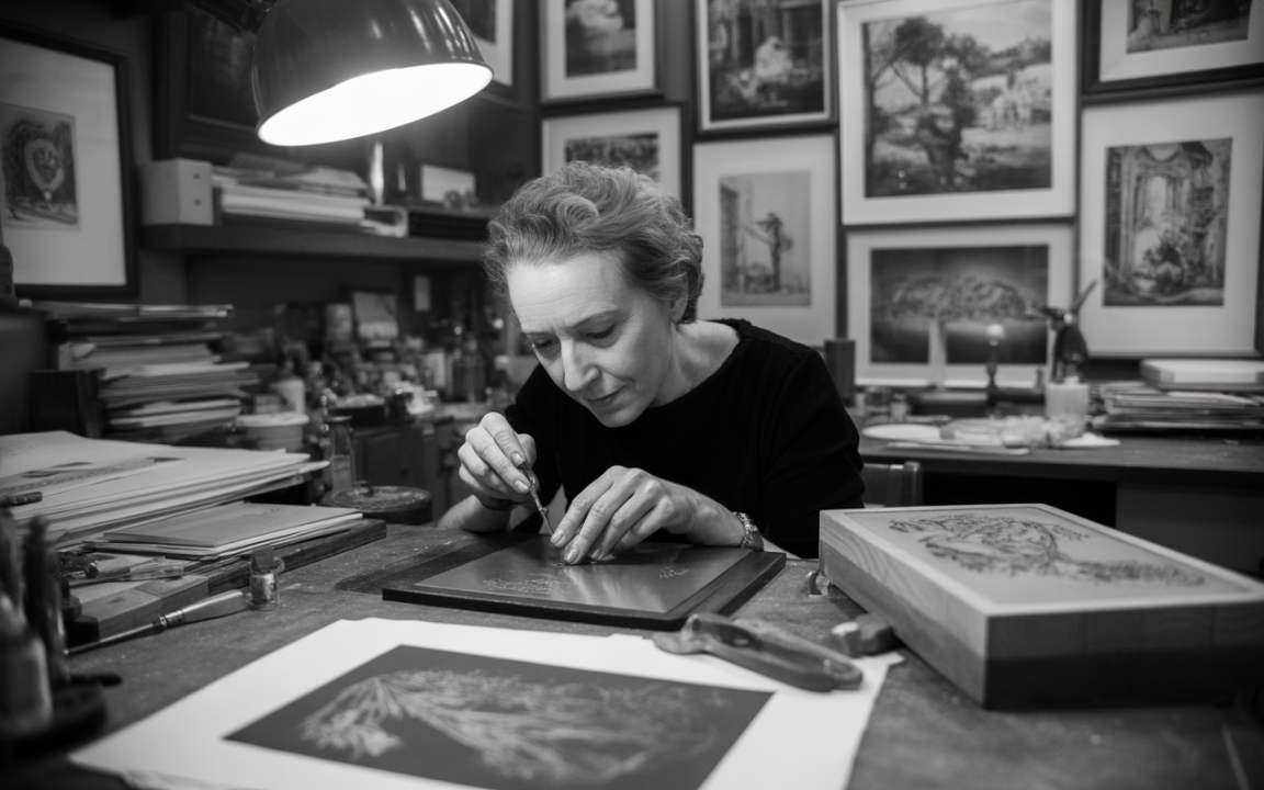 Artiste travaillant sur une gravure, entourée de fournitures artistiques et de cadres accrochés, dans un atelier lumineux en noir et blanc.