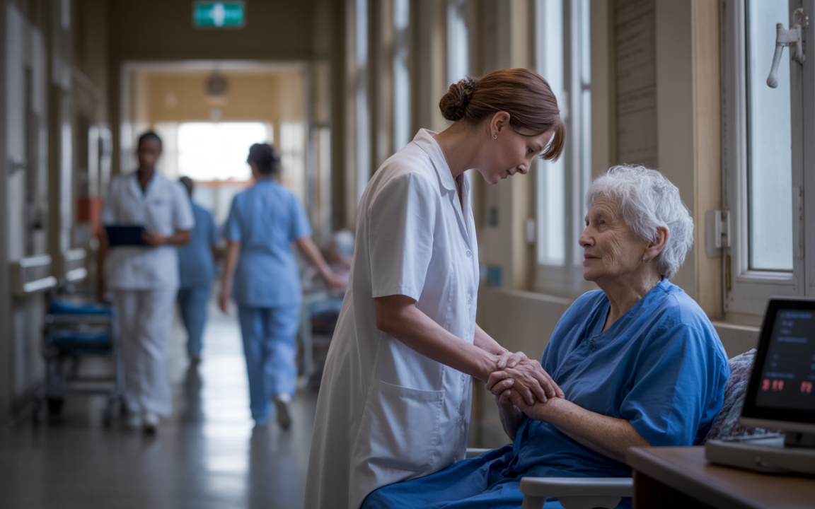 Infirmière parlant doucement à une patiente âgée dans un couloir d'hôpital, d'autres professionnels passent en arrière-plan.
