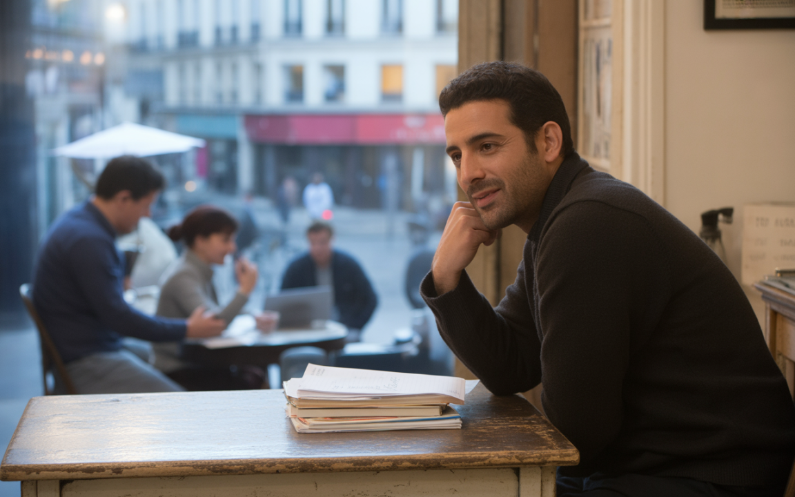 Homme pensif dans un café, entouré de personnes travaillant. Vue sur la rue et les tables au dehors. Éléments de papeterie sur la table.