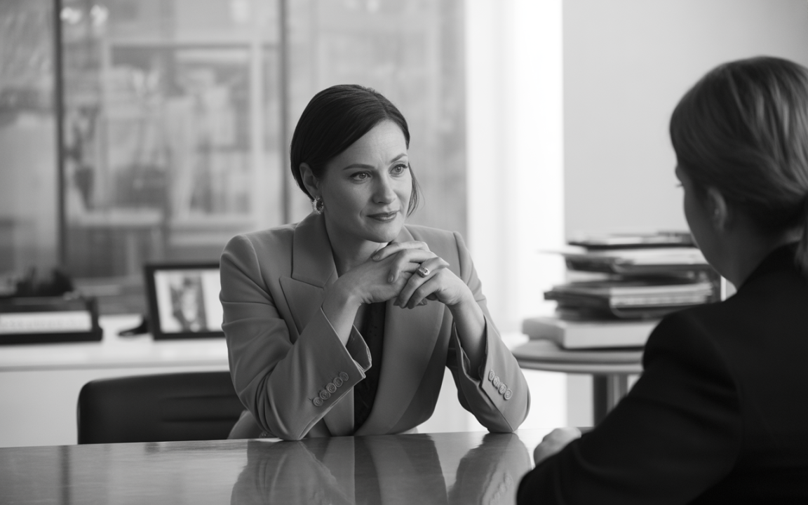 Deux femmes en discussion dans un bureau moderne, assises à une table, l'une affichant une expression attentive, en noir et blanc.