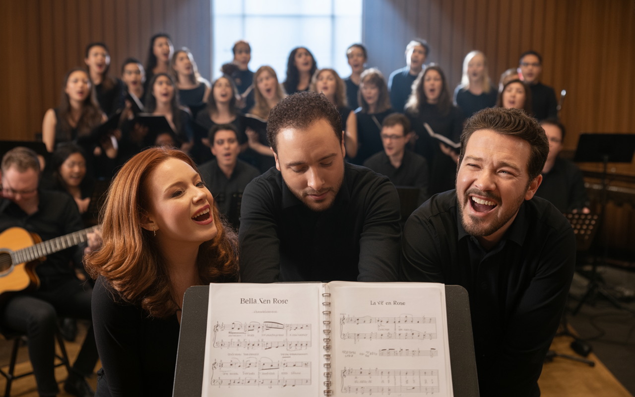 Trois chanteurs souriants interprètent une chanson devant un chœur, avec des partitions en avant-plan. Ambiance musicale en répétition.
