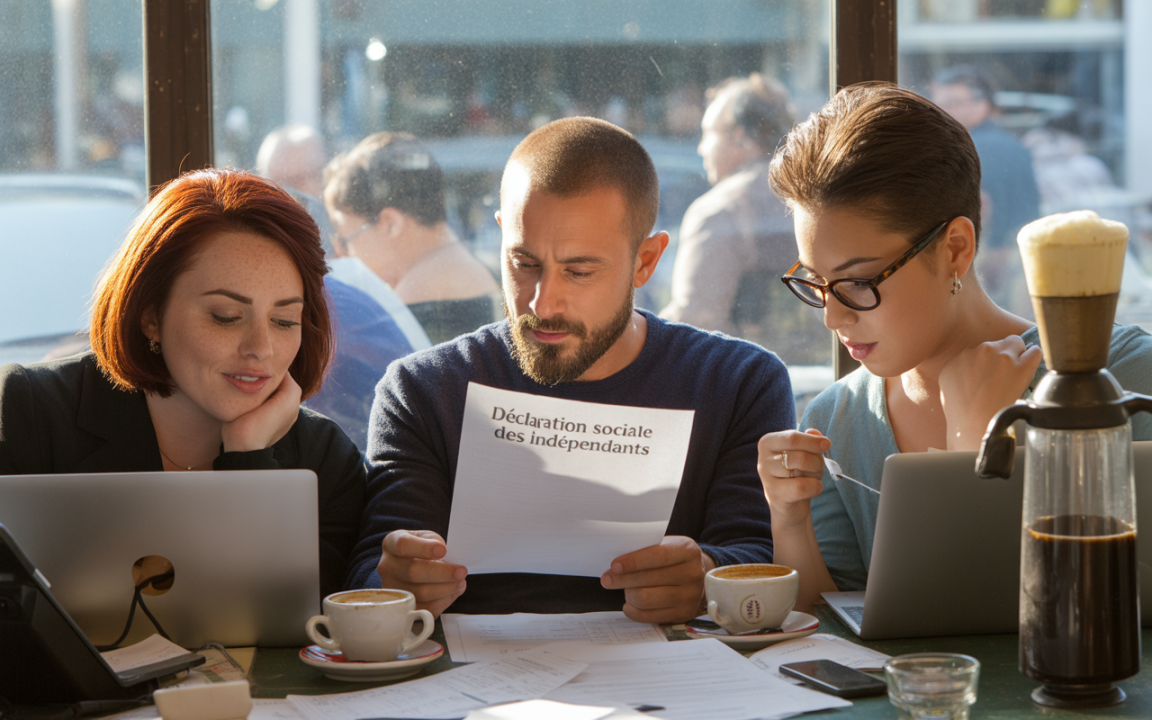 Trois personnes dans un café examinent un document intitulé "Déclaration sociale des indépendants" avec des ordinateurs portables et des tasses de café.