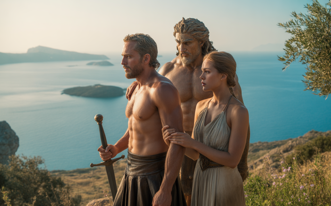 Trois personnages se tiennent sur une falaise, face à la mer, avec un paysage de collines et des statues en arrière-plan.