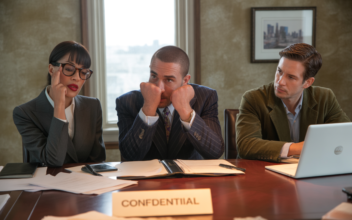 Trois personnes en costume assises à une table, l'air préoccupé, entourées de documents. Une étiquette "CONFIDENTIAL" est visible.