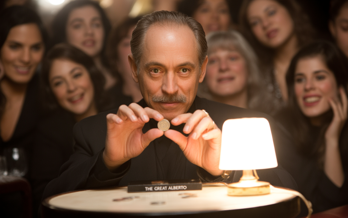 Un homme avec une moustache présente une pièce de monnaie, entouré d'un public admiratif dans un cadre illustre.