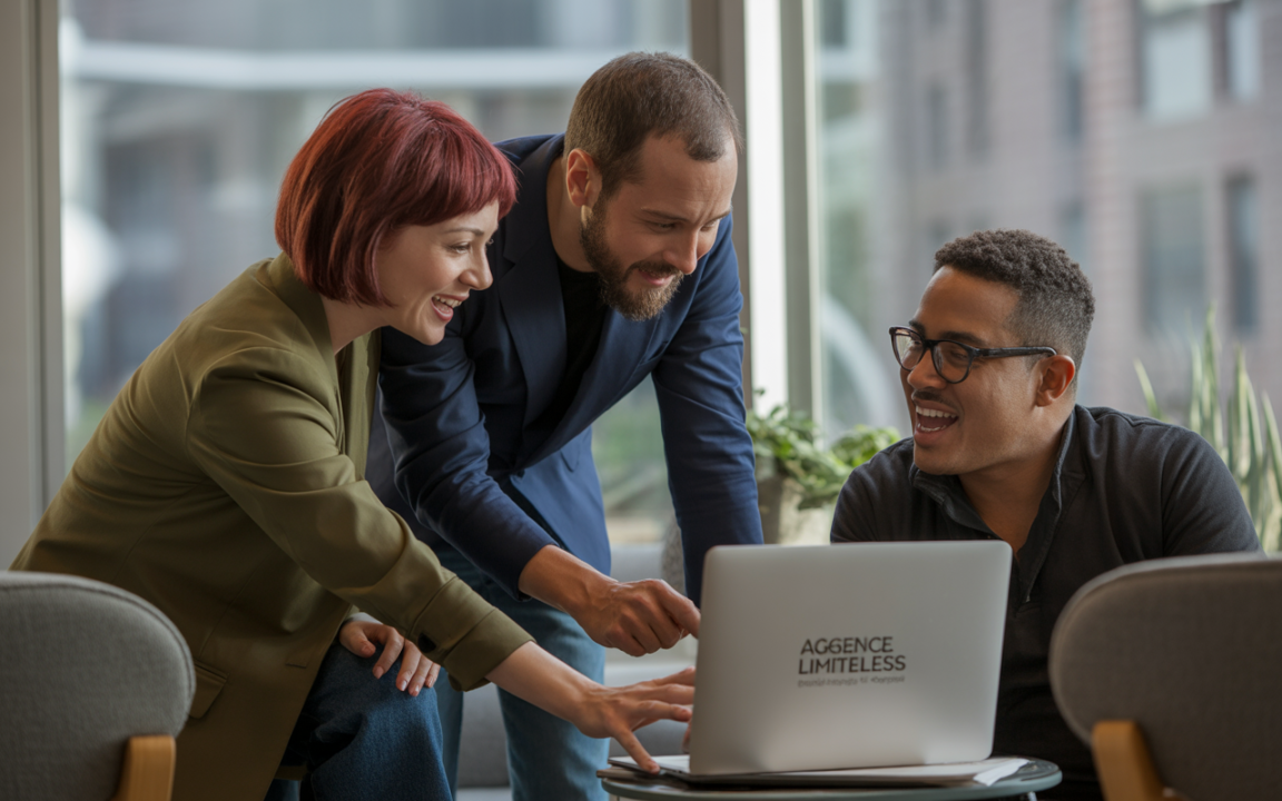 Trois professionnels en discussion autour d'un ordinateur portable dans un bureau lumineux, souriants et engagés dans un échange collaboratif.