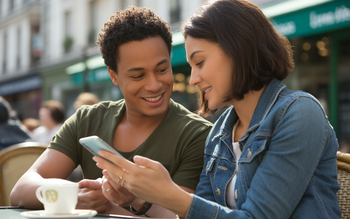 Deux personnes souriantes, assises en terrasse, regardent un téléphone. Une tasse de café est posée sur la table.
