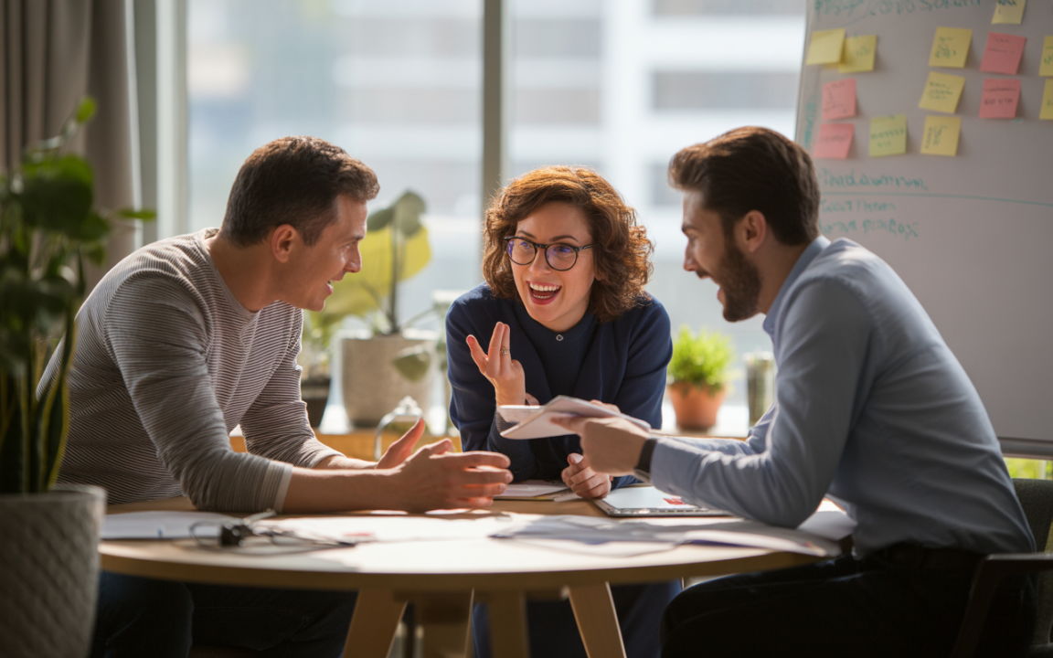Trois personnes discutent de manière animée autour d'une table, avec des documents et des plantes en arrière-plan, dans un environnement de bureau lumineux.