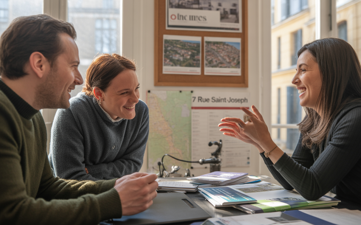Trois personnes souriantes discutent autour d'une table, entourées de documents et d'une carte, dans un espace lumineux.