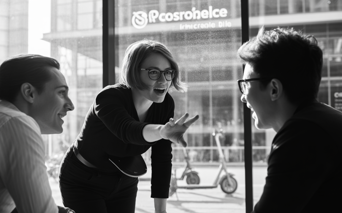 Trois personnes discutent dans un environnement moderne, une femme engageante gesticule tandis que deux hommes l'écoutent attentivement, ambiance collaborative.