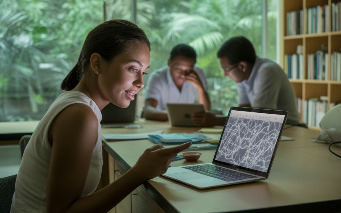 Femme souriante utilise un ordinateur dans un bureau lumineux, tandis que deux collègues travaillent en arrière-plan. Plantes visibles à l'extérieur.