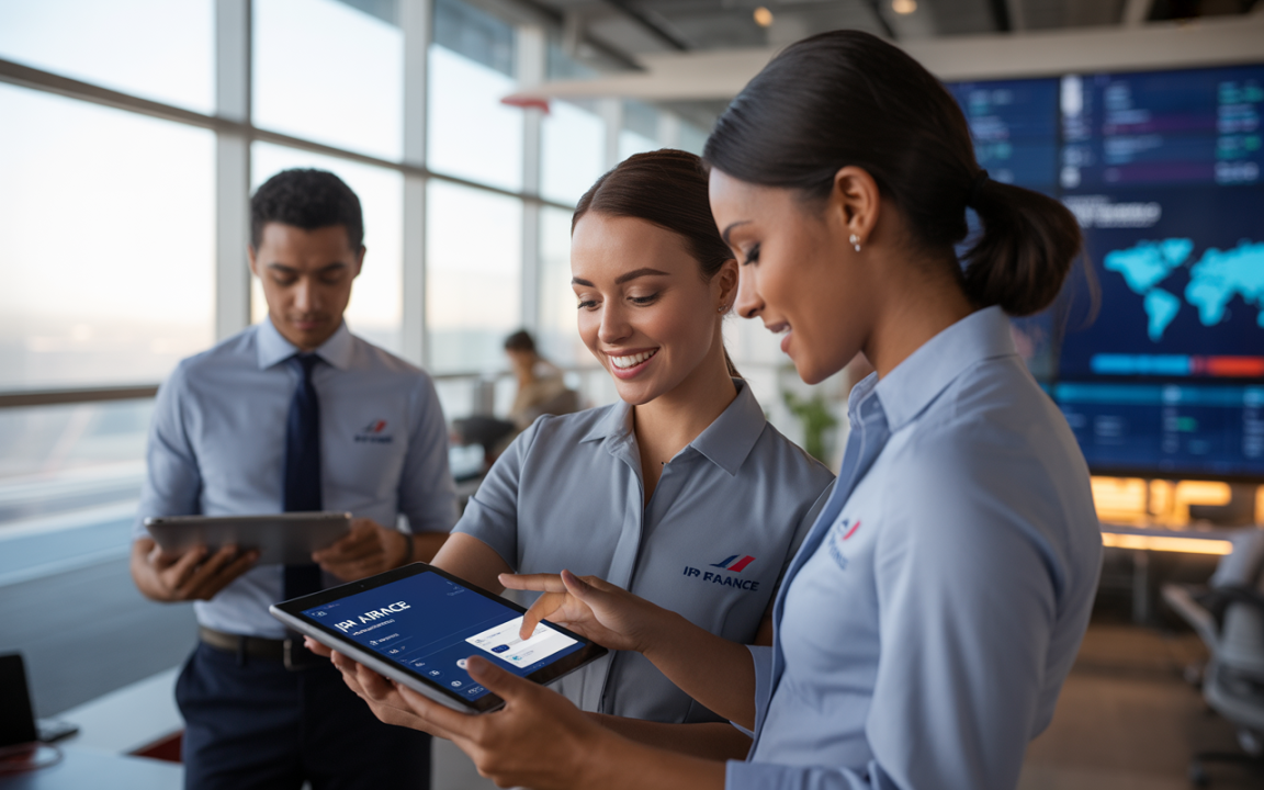Trois employés d'Air France, en uniformes, discutent et utilisent des tablettes dans un bureau moderne avec des écrans numériques.
