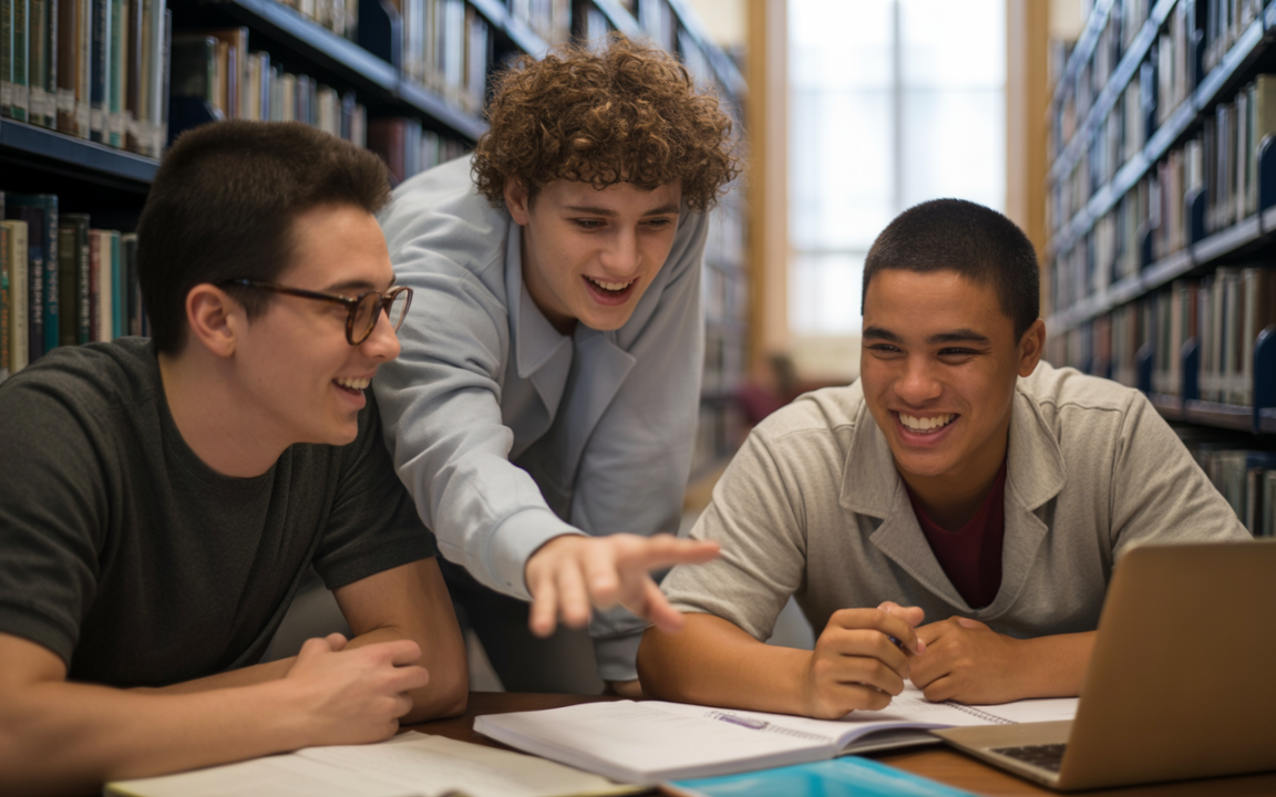 Trois étudiants souriants travaillent ensemble dans une bibliothèque, discutant autour d'un ordinateur portable et de documents. Livres en arrière-plan.