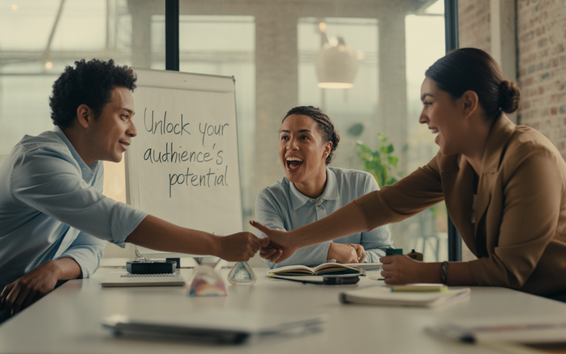 Trois personnes en réunion échangent un geste amical, avec un tableau au fond affichant "Unlock your audience’s potential". Atmosphère collaborative.