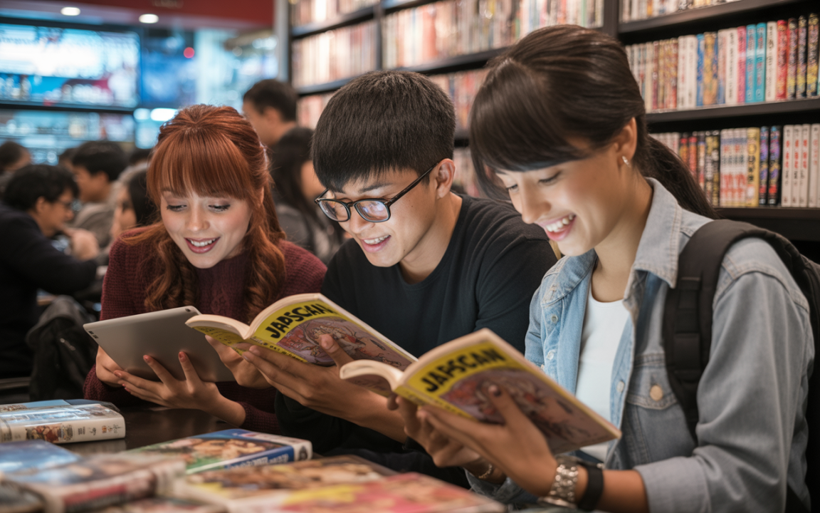 Trois jeunes lisent des mangas dans une librairie, entourés de livres, affichant des expressions joyeuses et concentrées.