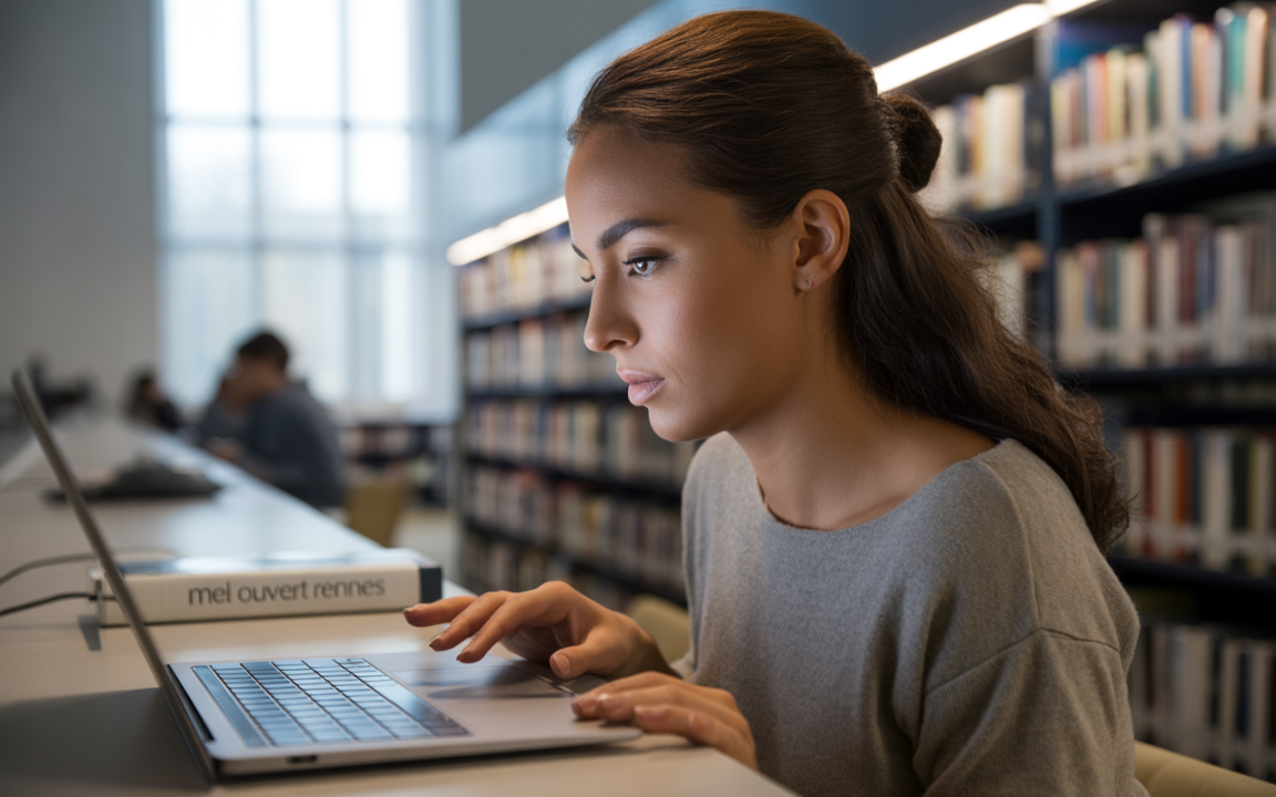 Une jeune femme utilise un ordinateur portable dans une bibliothèque, concentrée sur son travail, entourée de livres.