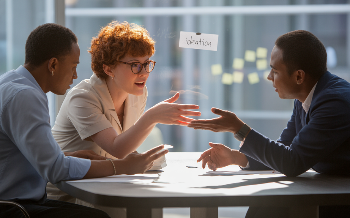 Trois personnes en discussion créative autour d'une table, des notes autocollantes et l'étiquette "ideation" en fond.