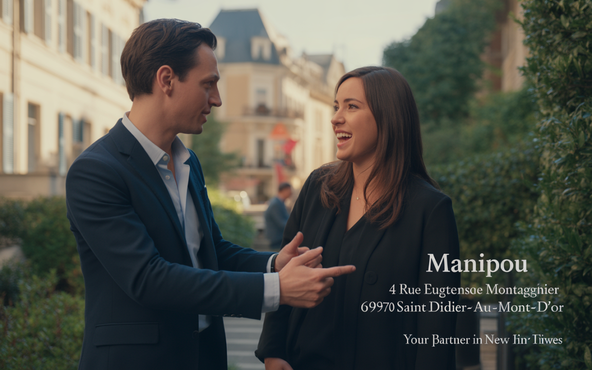 Deux personnes en conversation joyeuse dans une rue, l'une en costume, l'autre en tenue décontractée, avec un fond urbain ensoleillé.
